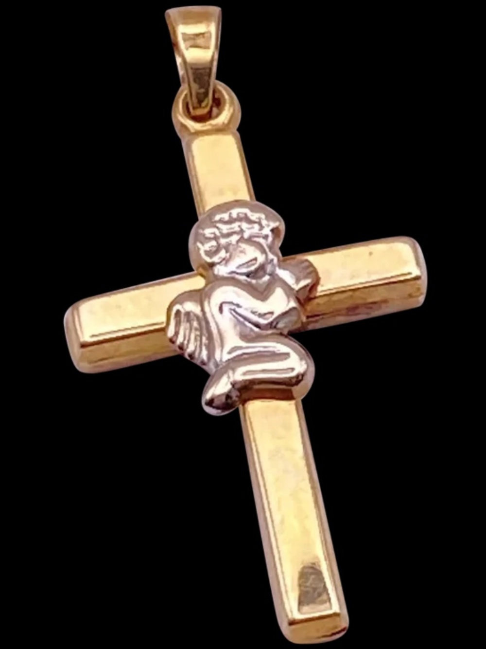 Cross Pendant 14K Two Tone Gold with Praying Angel *